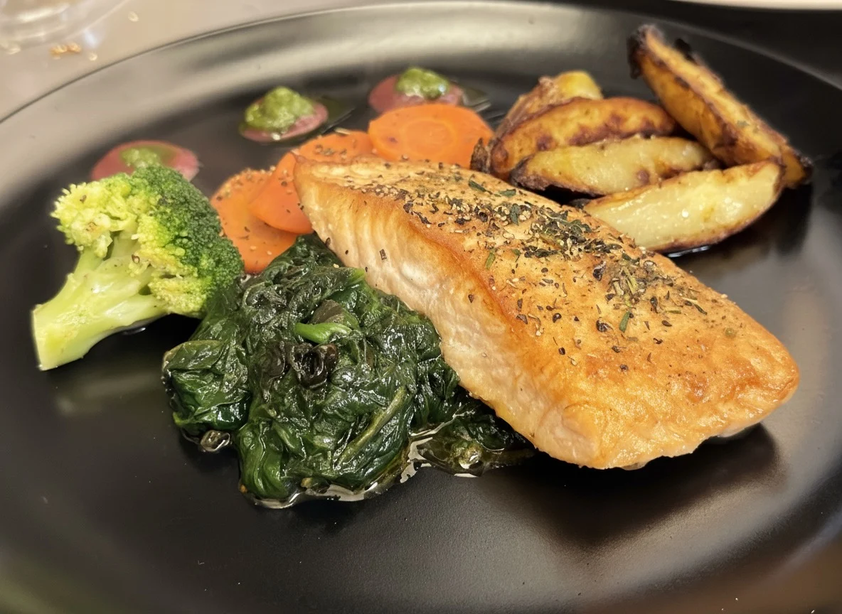 Lachsfilet mit Blattspinat und Rosmarinkartoffeln